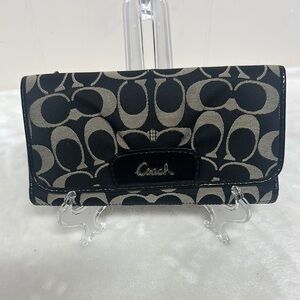 Coach Black and Tan Signature Zip Wallet